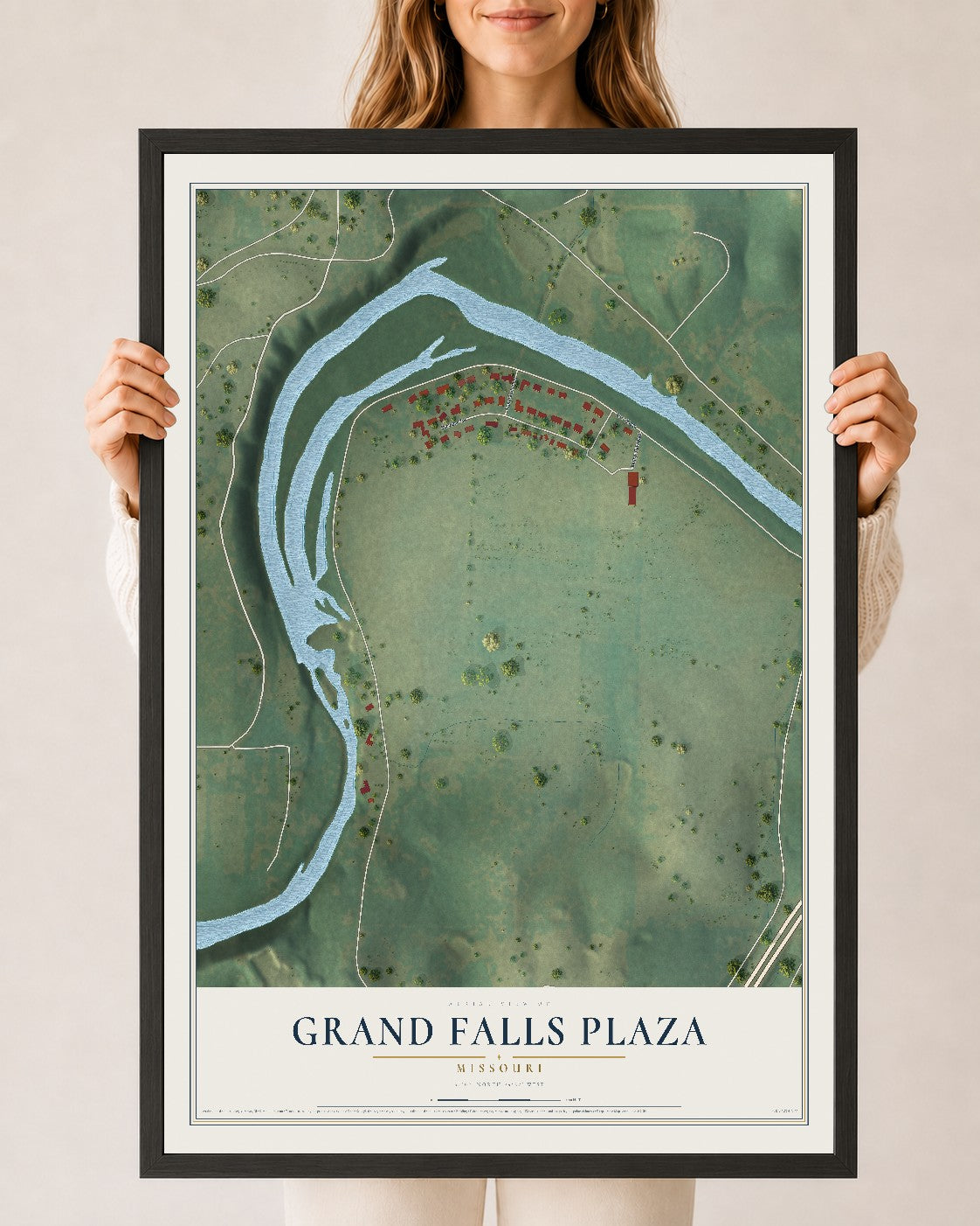 Map of Grand Falls Plaza, Missouri, 24 x 36 inch print in a black wood frame