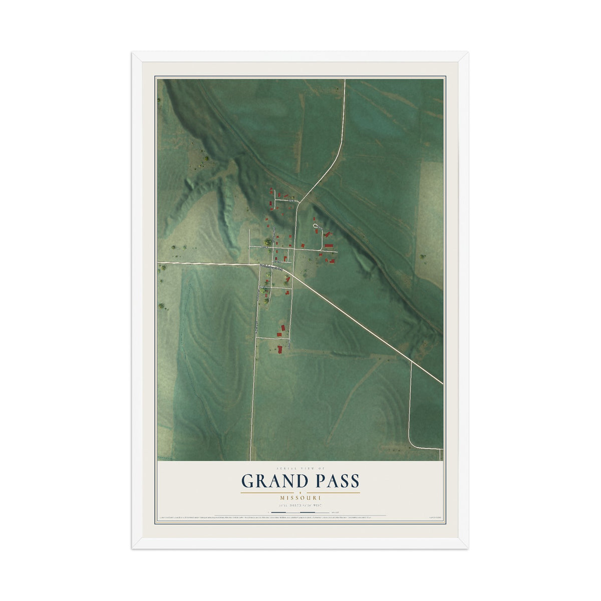 Map of Grand Pass, Missouri, 12 x 18 inch print in a white wood frame