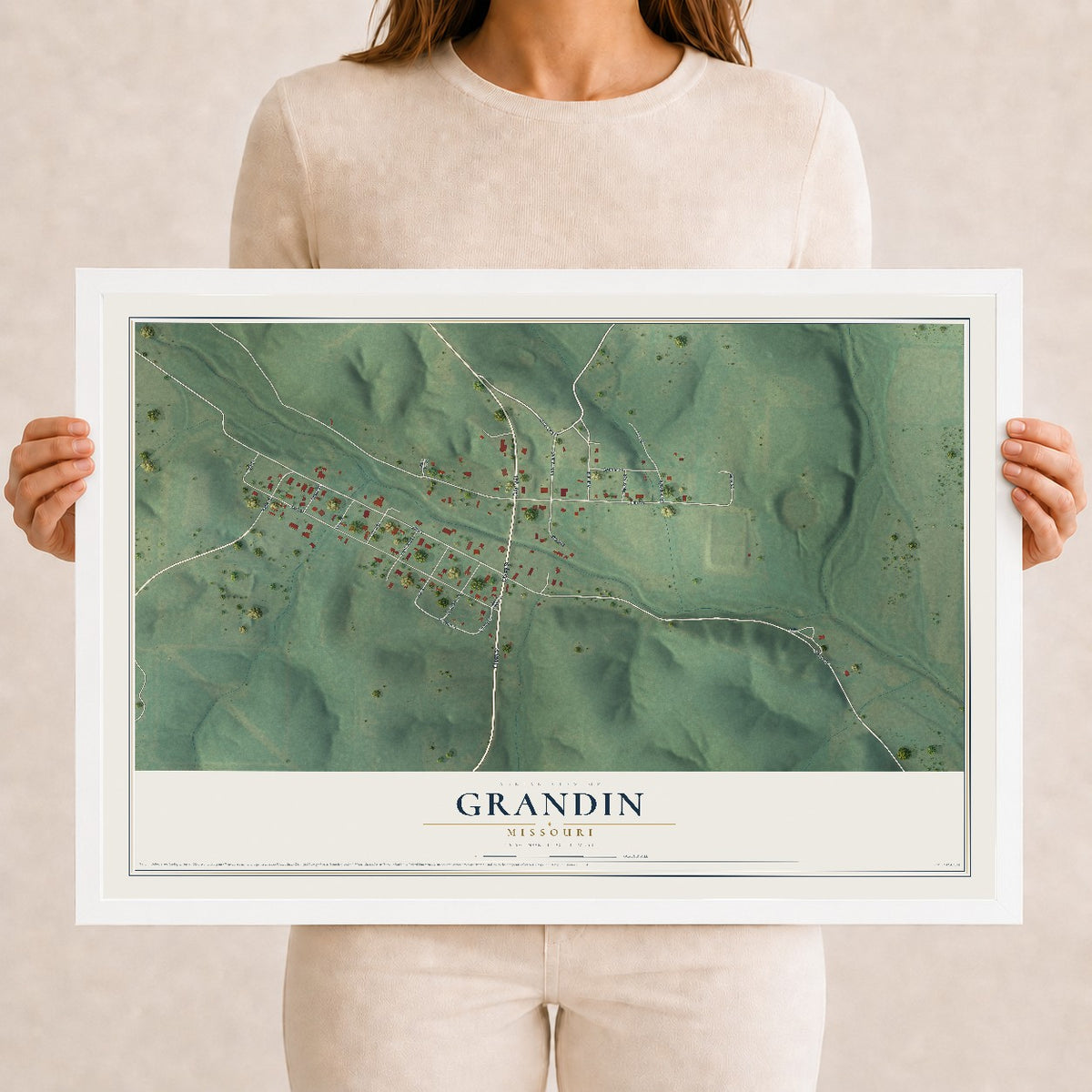 Map of Grandin, Missouri, 12 x 18 inch print in a white wood frame