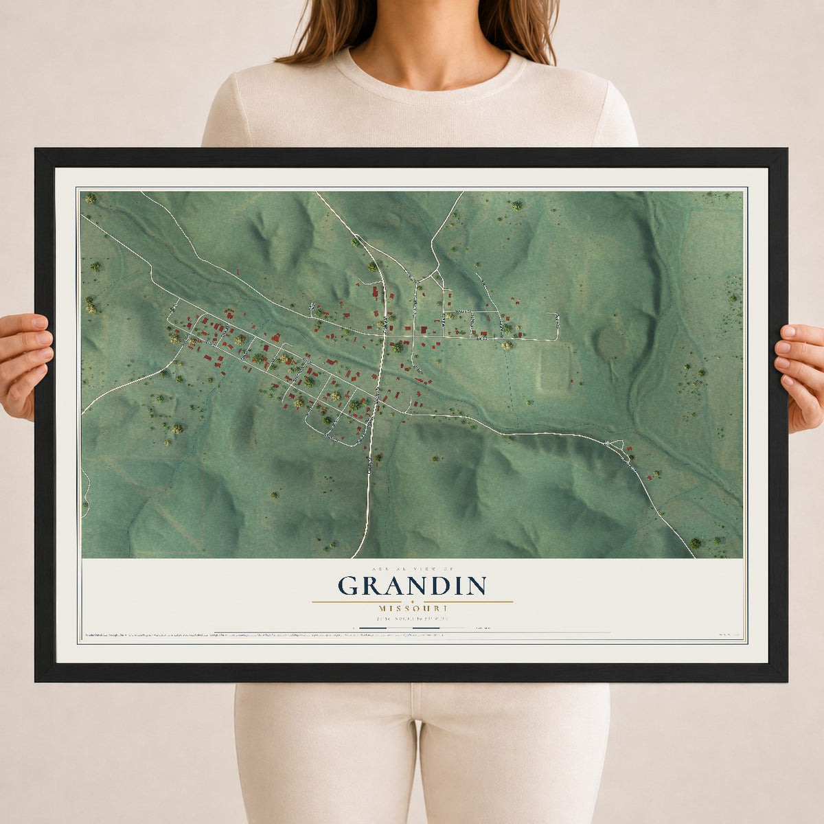 Map of Grandin, Missouri, 18 x 24 inch print in a black wood frame