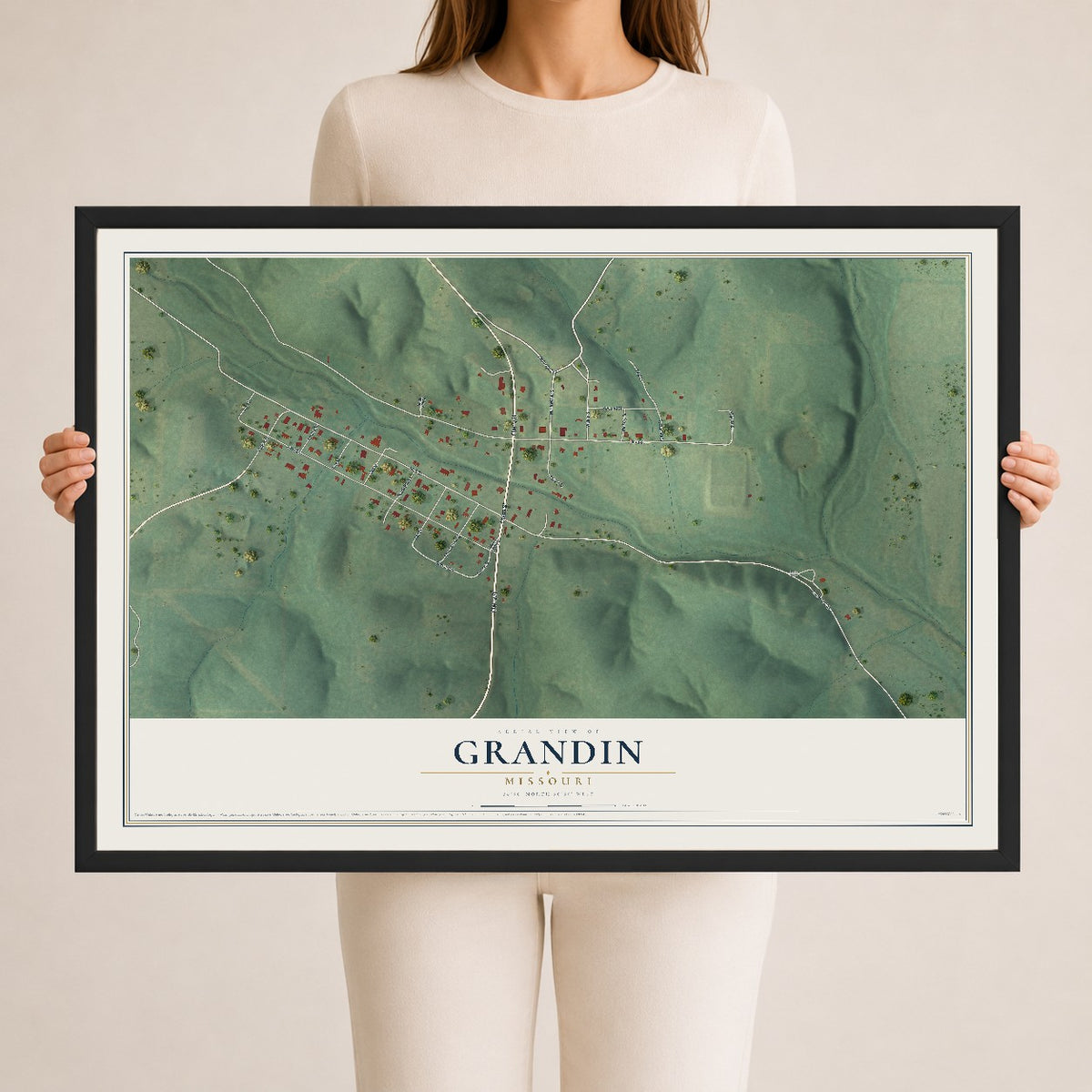 Map of Grandin, Missouri, 24 x 36 inch print in a black wood frame
