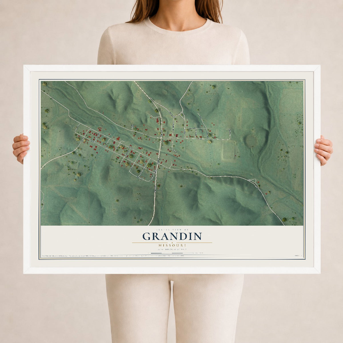 Map of Grandin, Missouri, 24 x 36 inch print in a white wood frame
