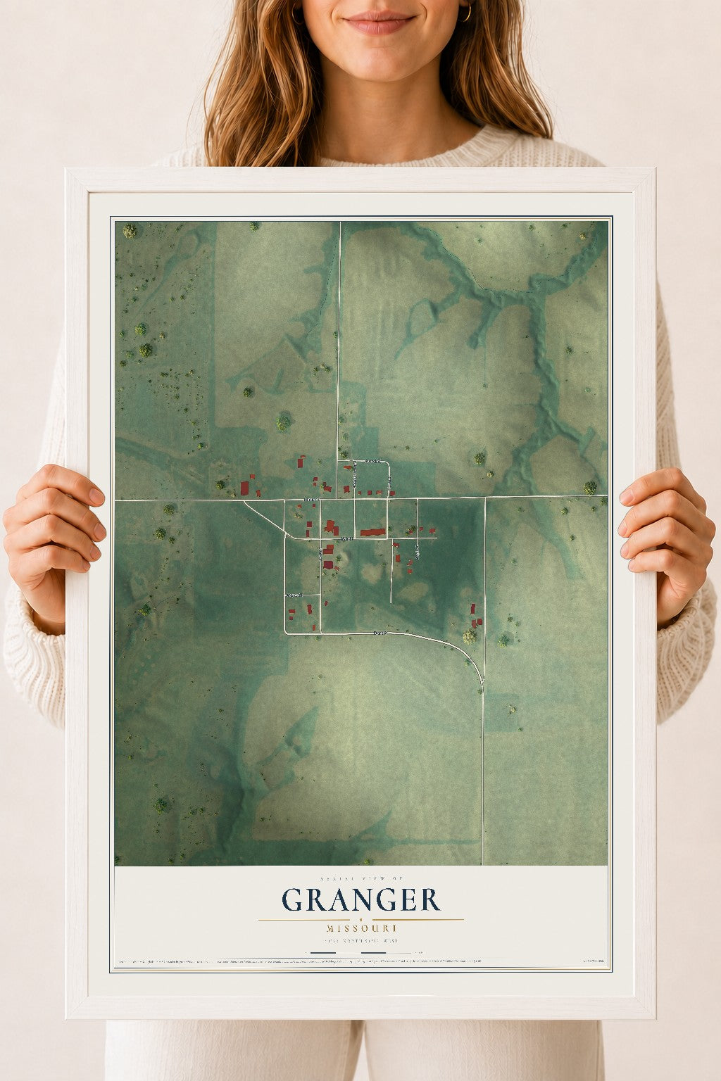 Map of Granger, Missouri, 18 x 24 inch print in a white wood frame