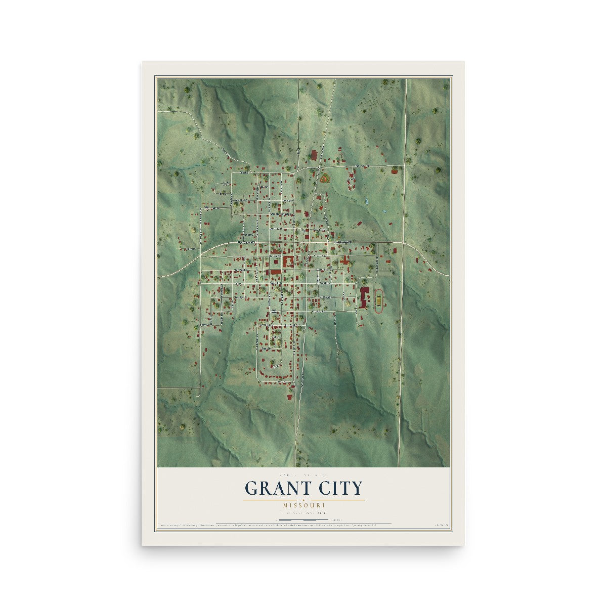 Map of Grant City, Missouri, 12 x 18 inch unframed archival matte print