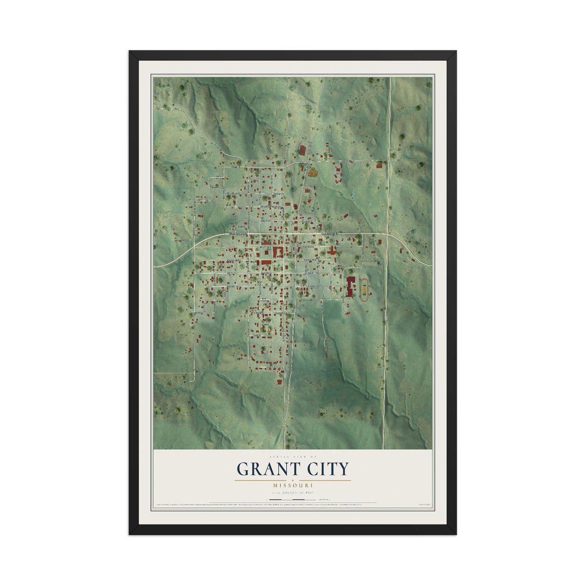 Map of Grant City, Missouri, 12 x 18 inch print in a black wood frame