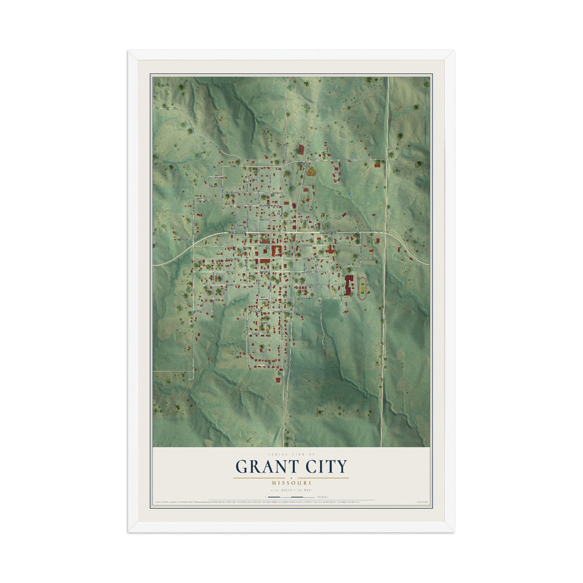Map of Grant City, Missouri, 12 x 18 inch print in a white wood frame