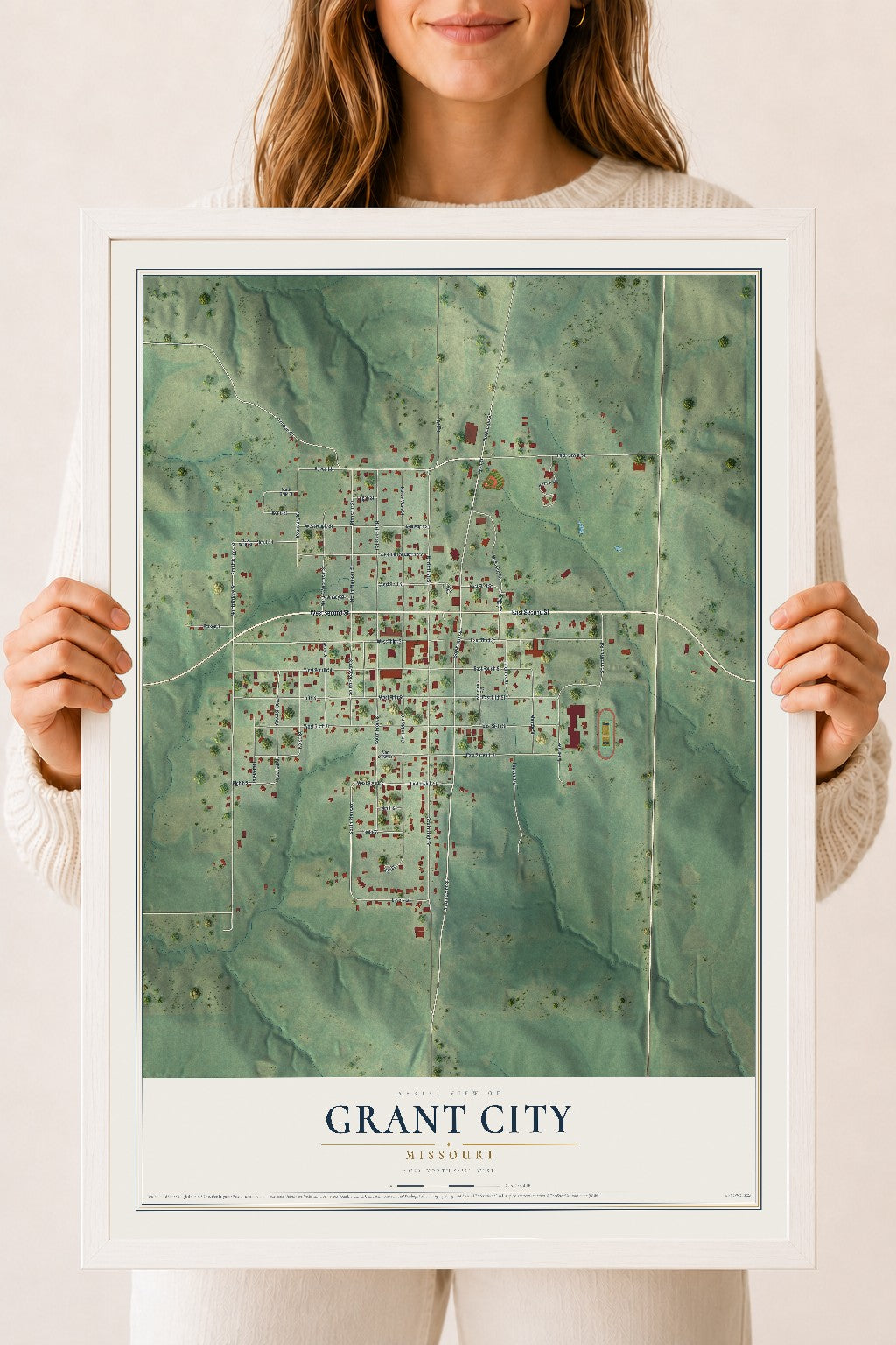 Map of Grant City, Missouri, 18 x 24 inch print in a white wood frame
