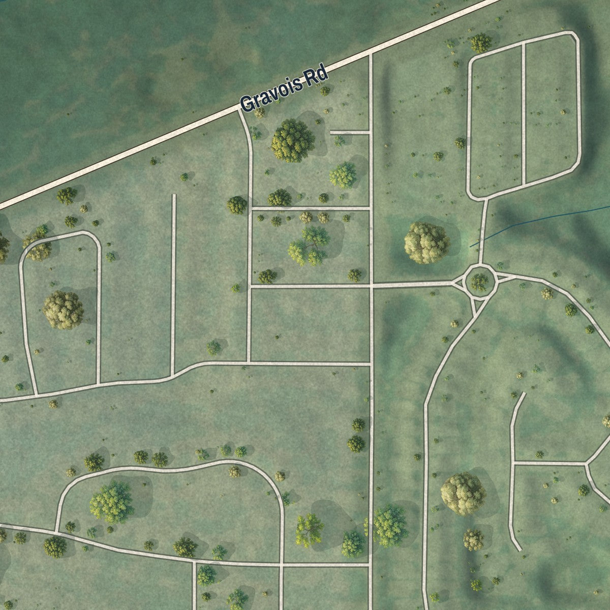 Second close-up of the map of Grantwood Village, Missouri print showing more streets and buildings