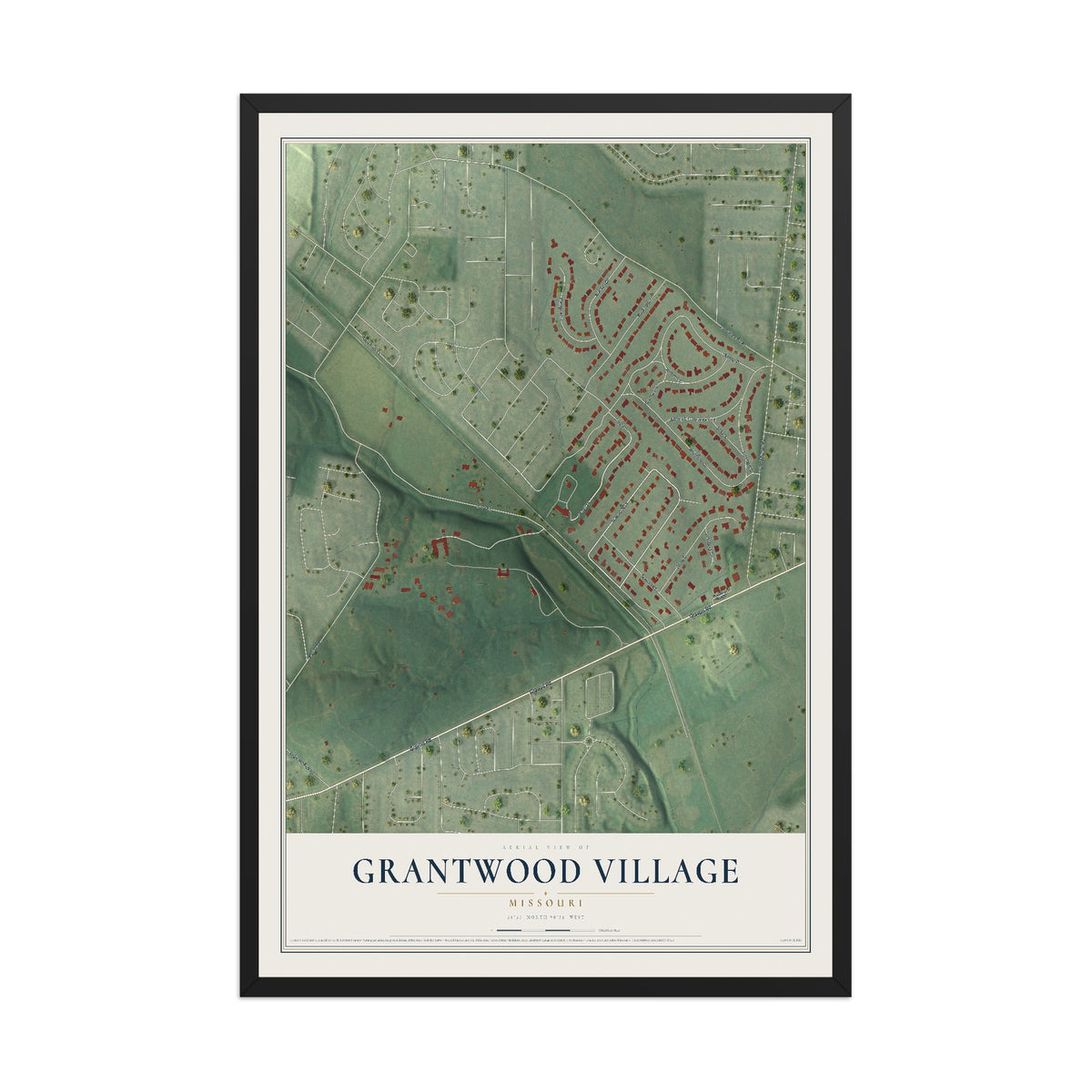Map of Grantwood Village, Missouri, 12 x 18 inch print in a black wood frame