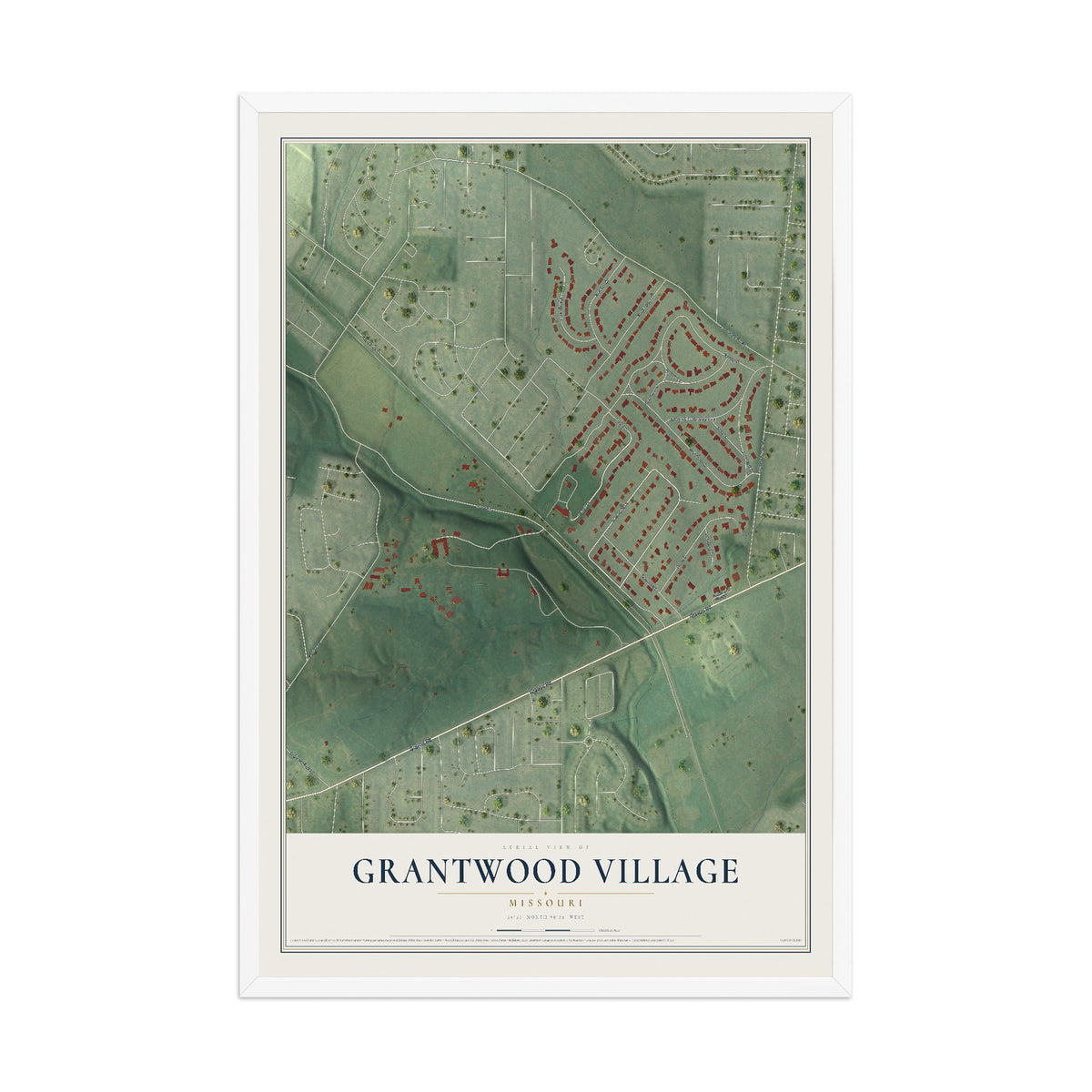 Map of Grantwood Village, Missouri, 12 x 18 inch print in a white wood frame