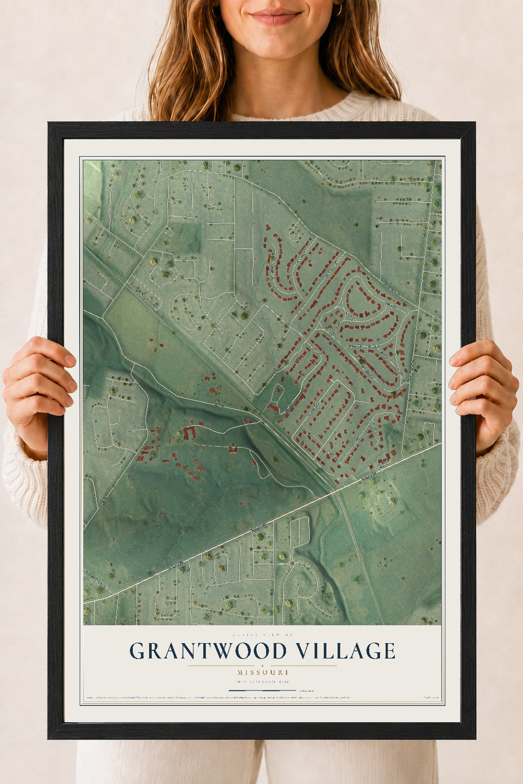 Map of Grantwood Village, Missouri, 18 x 24 inch print in a black wood frame