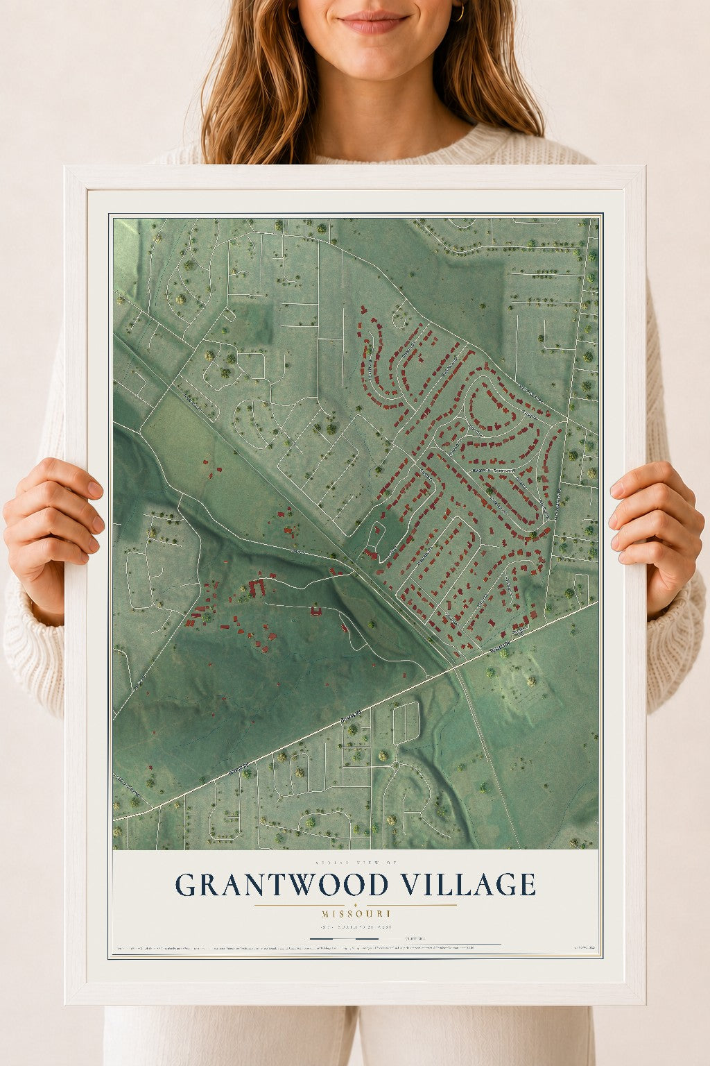 Map of Grantwood Village, Missouri, 18 x 24 inch print in a white wood frame