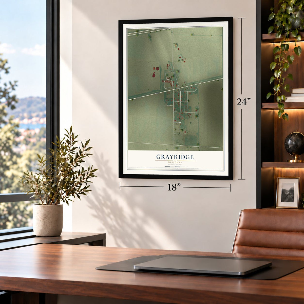 Grayridge, Missouri map, 18 x 24 inch print in a black frame in a home office
