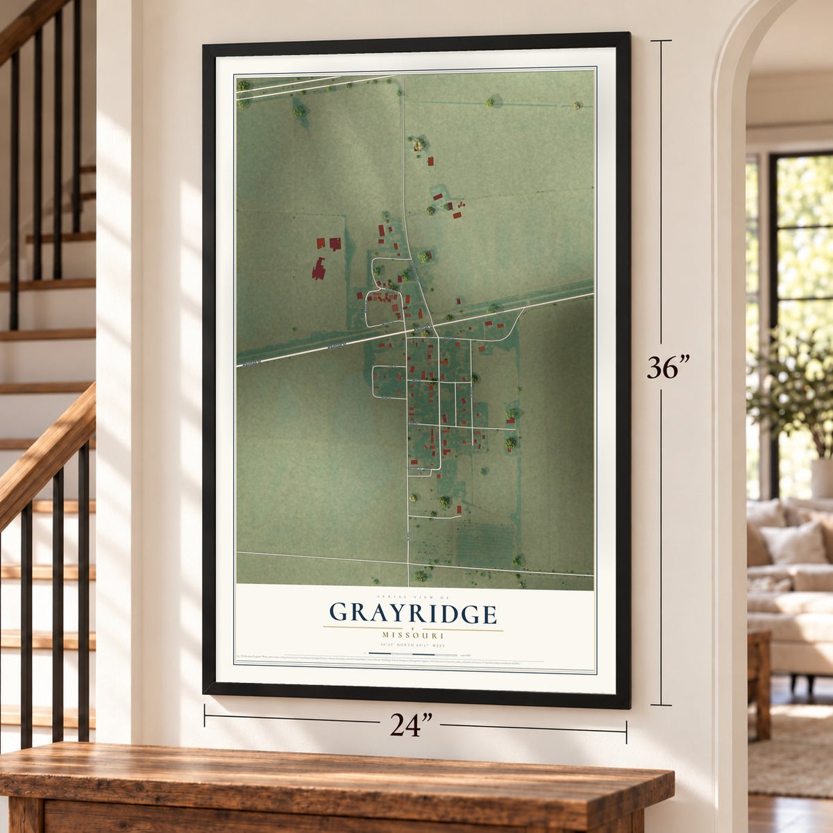 Grayridge, Missouri map, 24 x 36 inch print in a black frame by a staircase