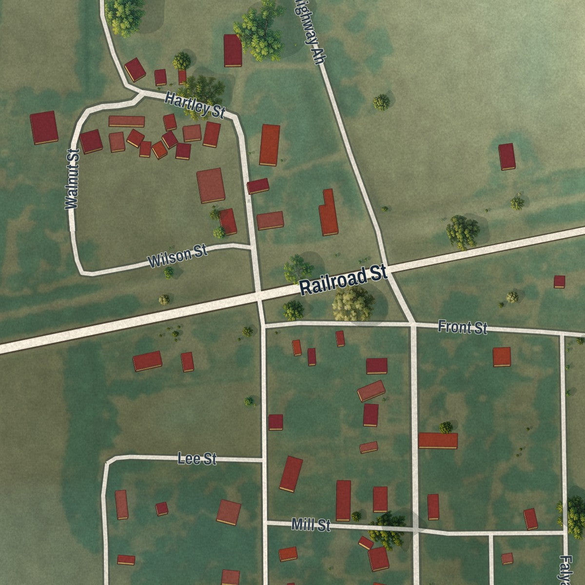 Close-up of the map of Grayridge, Missouri print showing street and building detail