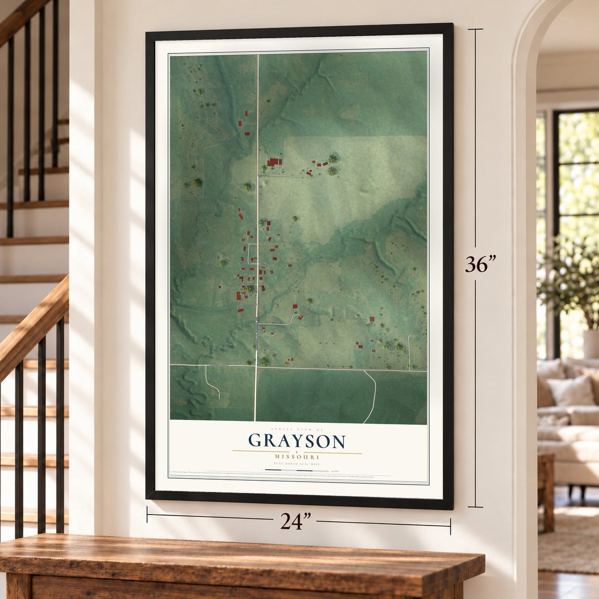 Grayson, Missouri map, 24 x 36 inch print in a black frame by a staircase