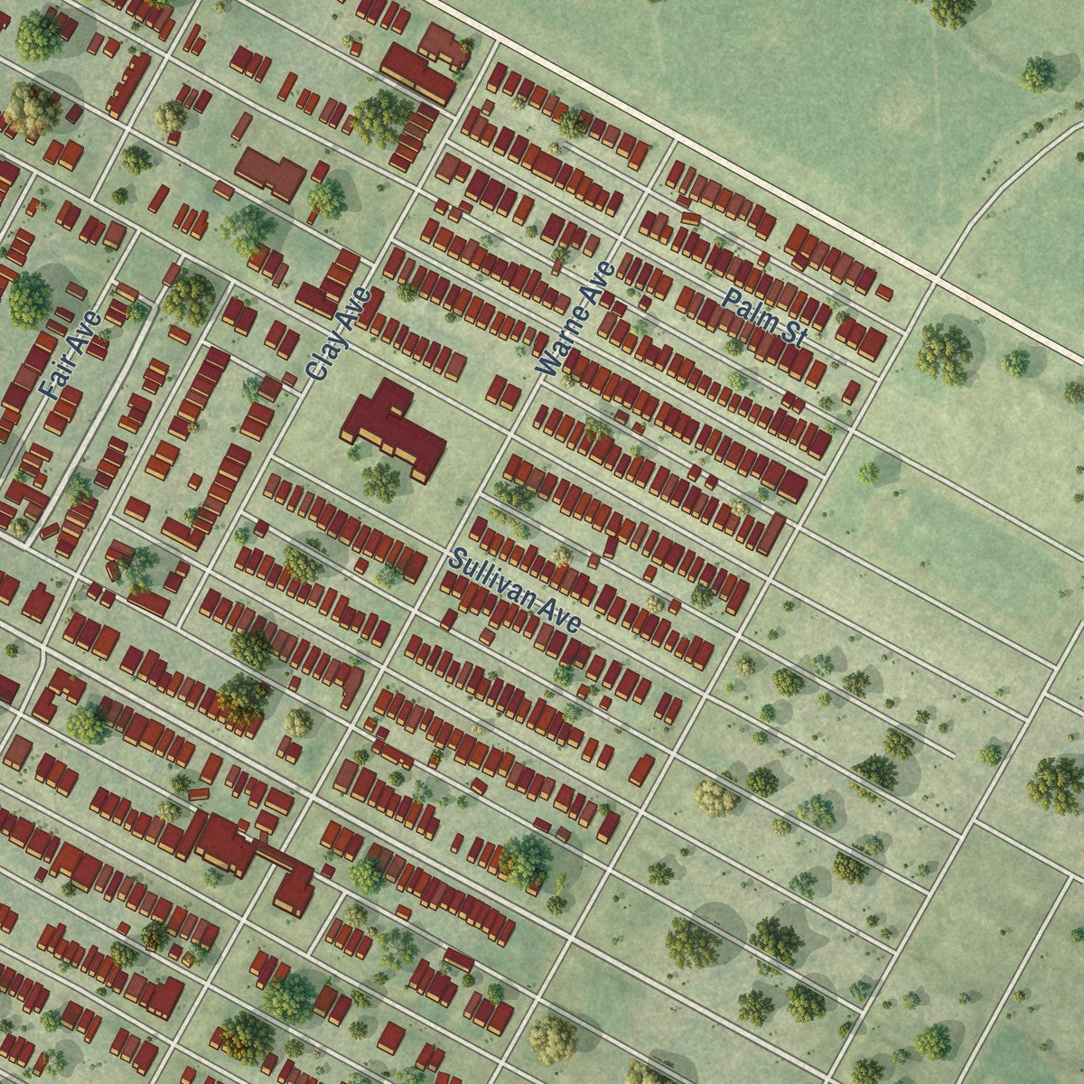 Close-up of the map of Greater Ville, Missouri print showing street and building detail