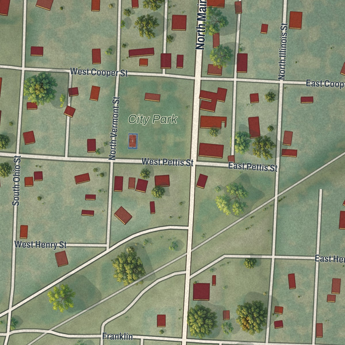 Close-up of the map of Green Ridge, Missouri print showing street and building detail