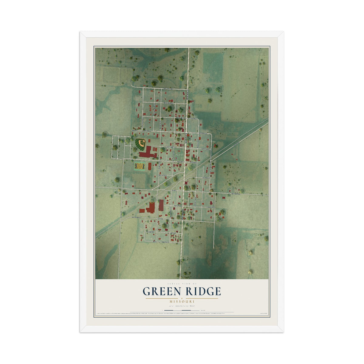 Map of Green Ridge, Missouri, 12 x 18 inch print in a white wood frame