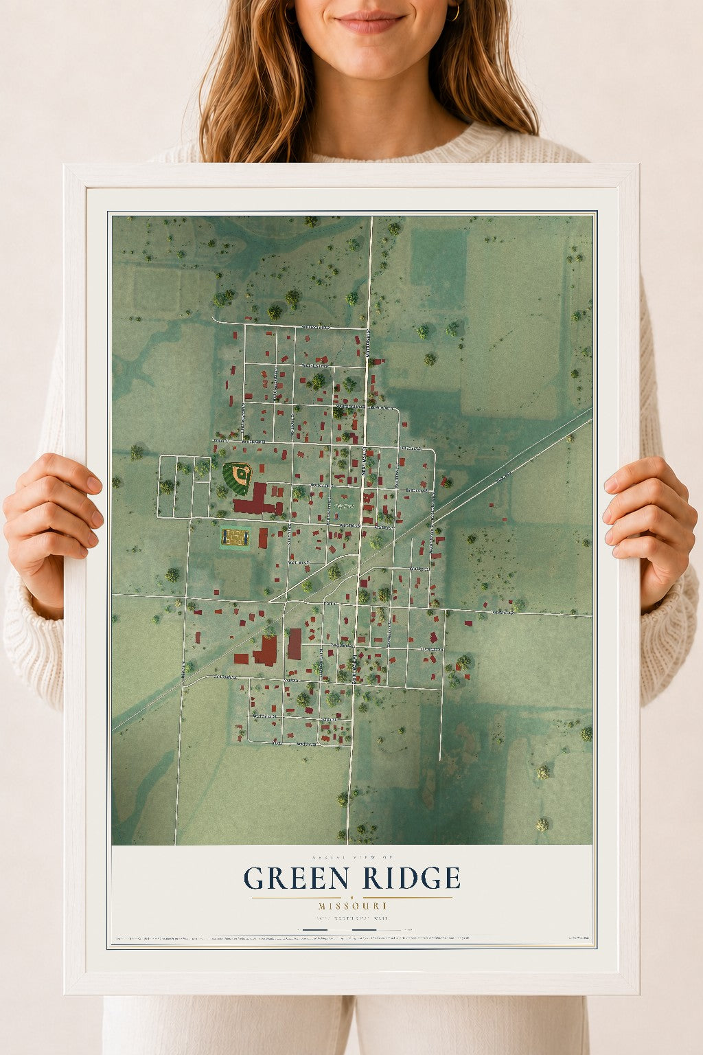 Map of Green Ridge, Missouri, 18 x 24 inch print in a white wood frame