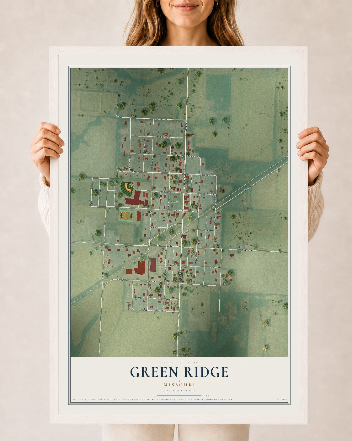 Map of Green Ridge, Missouri, 24 x 36 inch print in a white wood frame