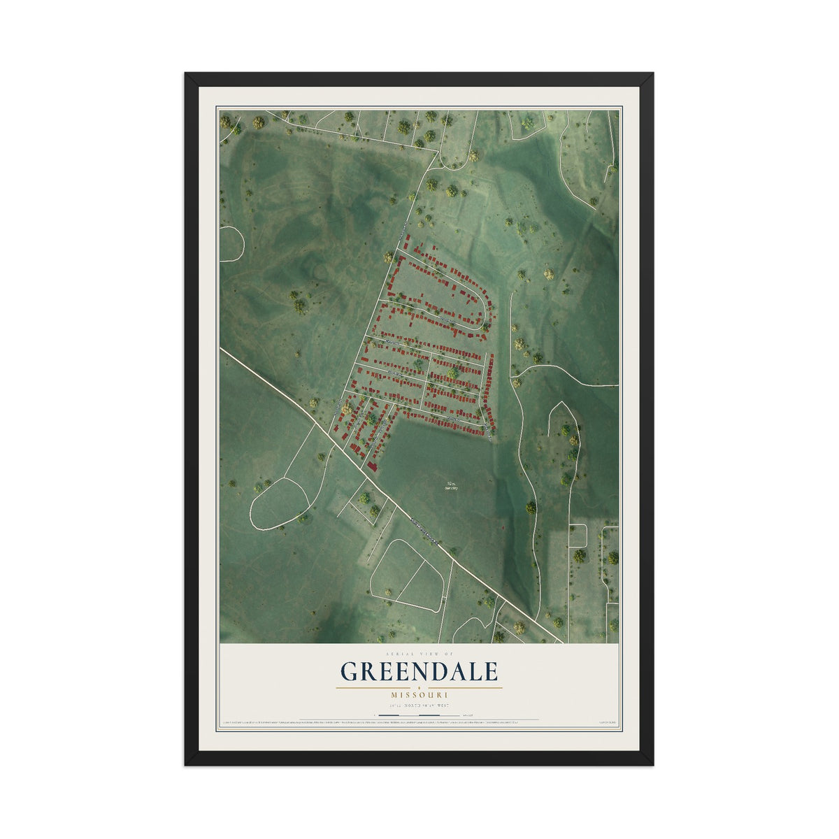 Map of Greendale, Missouri, 12 x 18 inch print in a black wood frame