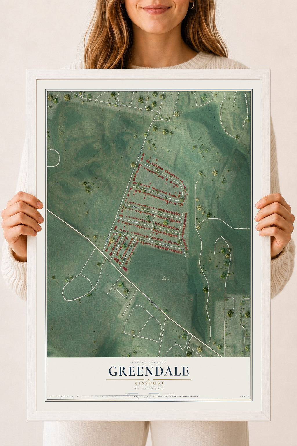 Map of Greendale, Missouri, 18 x 24 inch print in a white wood frame