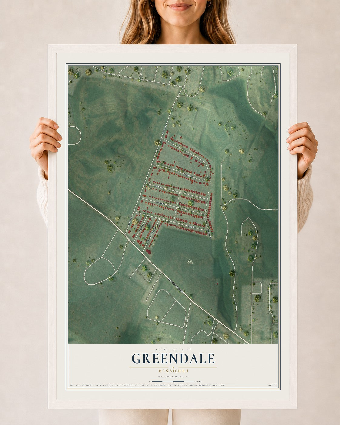 Map of Greendale, Missouri, 24 x 36 inch print in a white wood frame