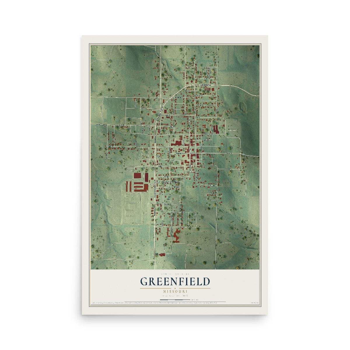 Map of Greenfield, Missouri, 12 x 18 inch unframed archival matte print