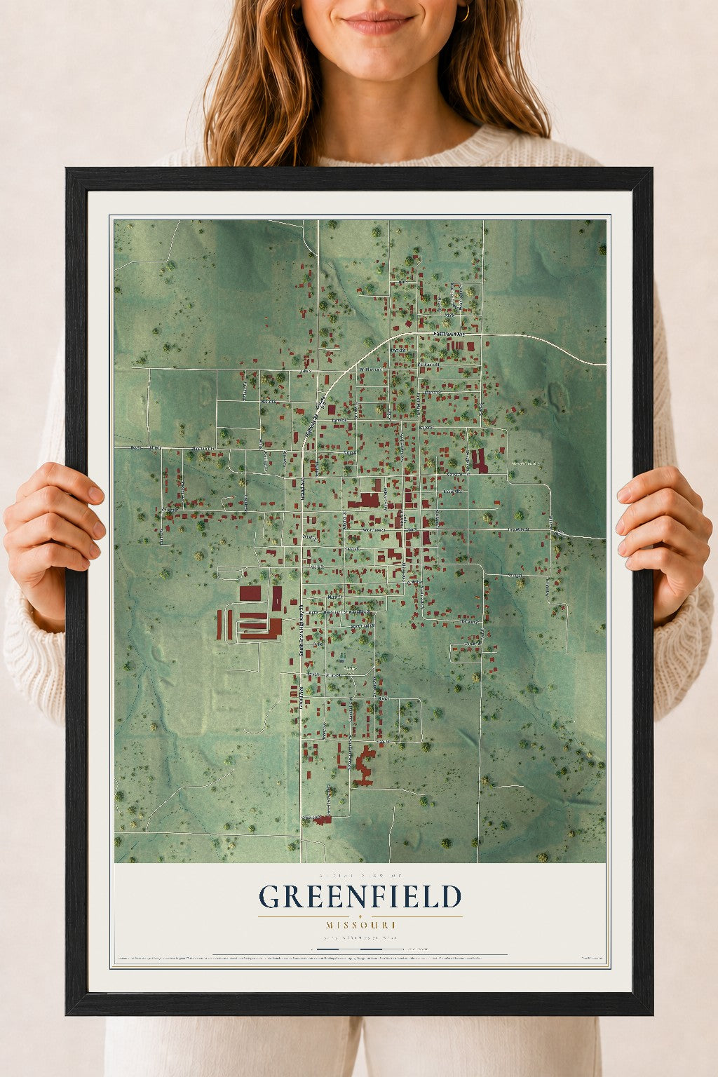Map of Greenfield, Missouri, 18 x 24 inch print in a black wood frame