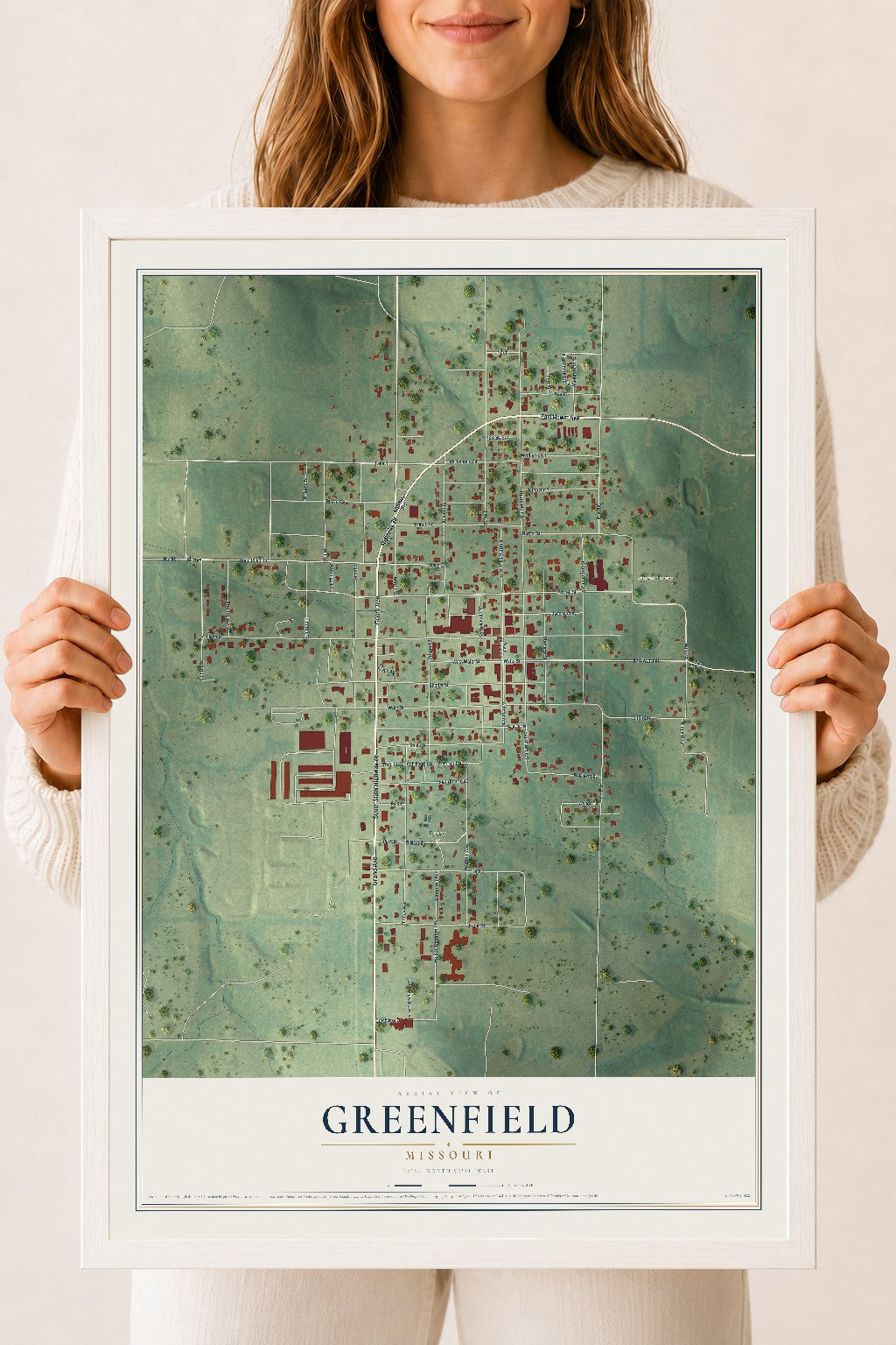 Map of Greenfield, Missouri, 18 x 24 inch print in a white wood frame