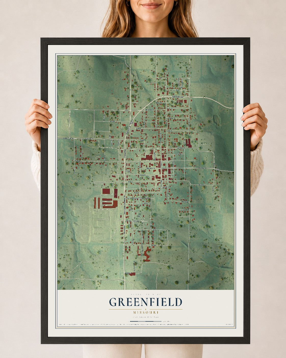 Map of Greenfield, Missouri, 24 x 36 inch print in a black wood frame