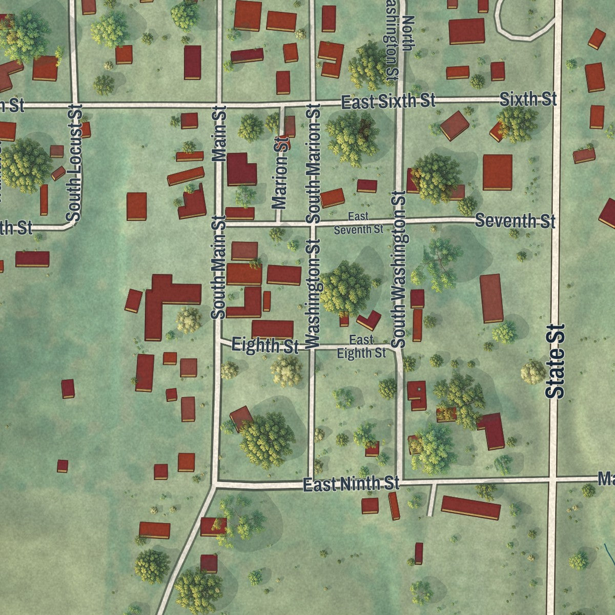 Close-up of the map of Greentop, Missouri print showing street and building detail