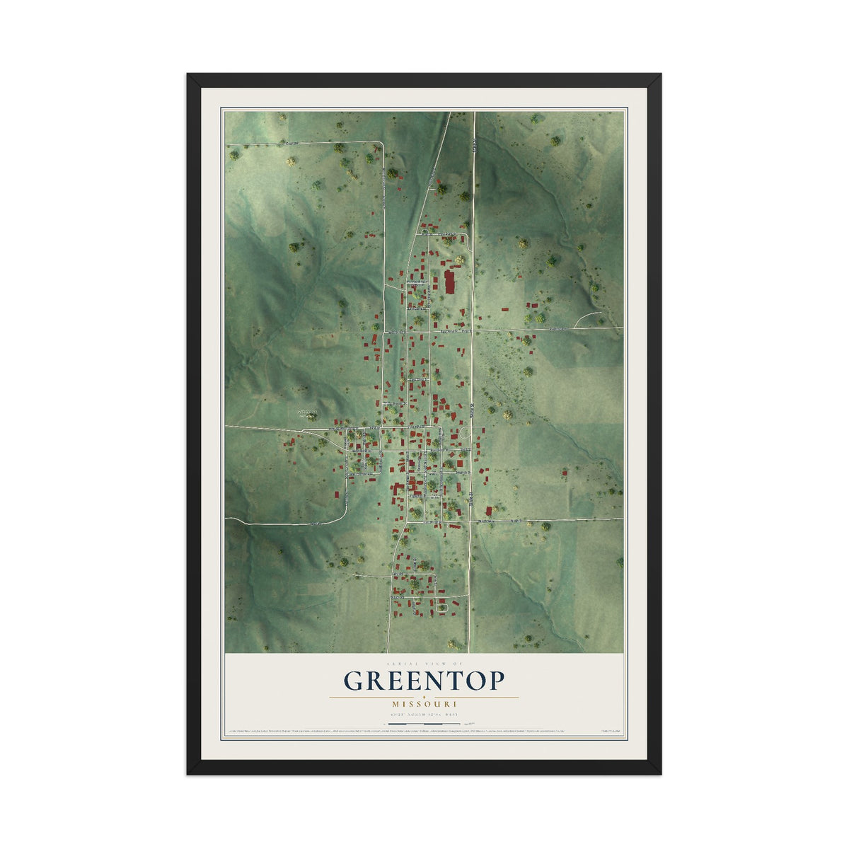 Map of Greentop, Missouri, 12 x 18 inch print in a black wood frame