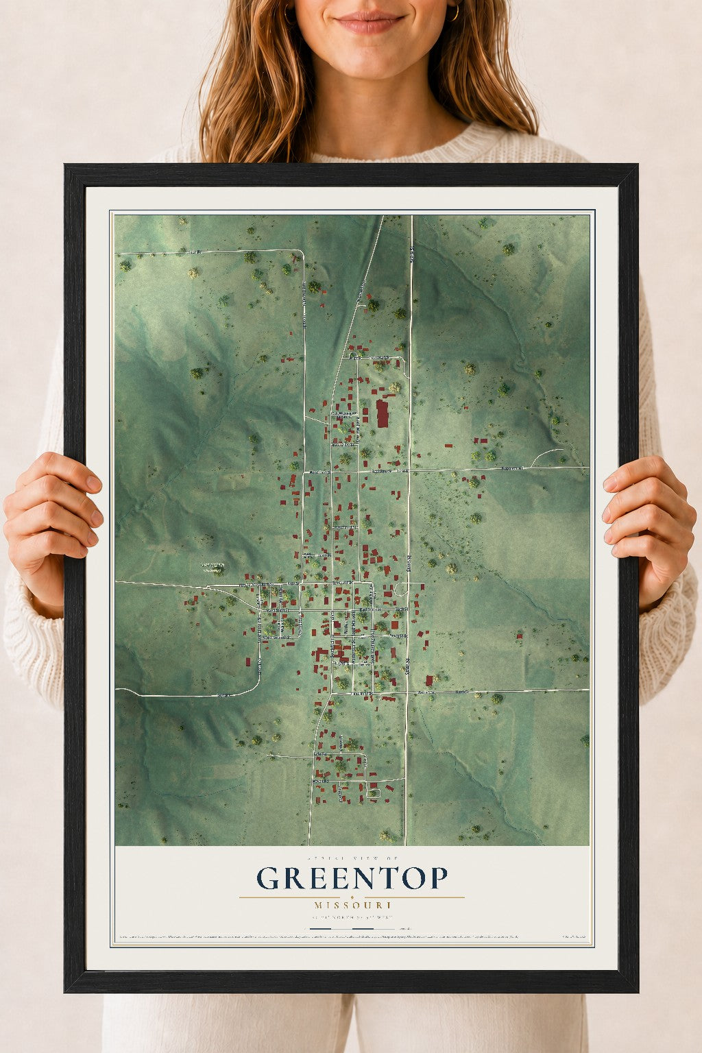 Map of Greentop, Missouri, 18 x 24 inch print in a black wood frame