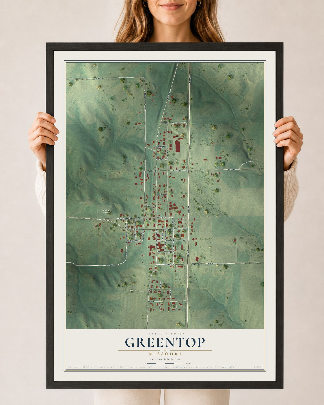 Map of Greentop, Missouri, 24 x 36 inch print in a black wood frame