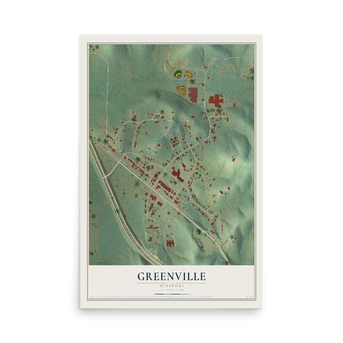 Map of Greenville, Missouri, 12 x 18 inch unframed archival matte print