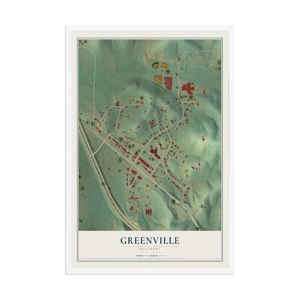 Map of Greenville, Missouri, 12 x 18 inch print in a white wood frame