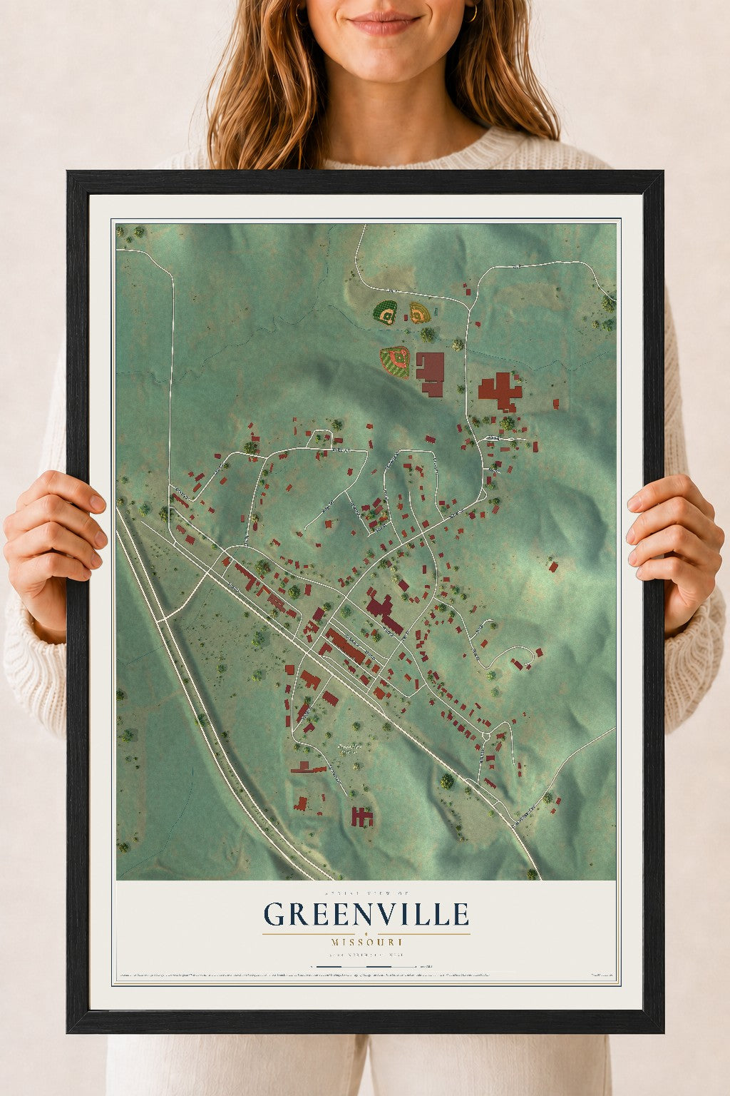 Map of Greenville, Missouri, 18 x 24 inch print in a black wood frame