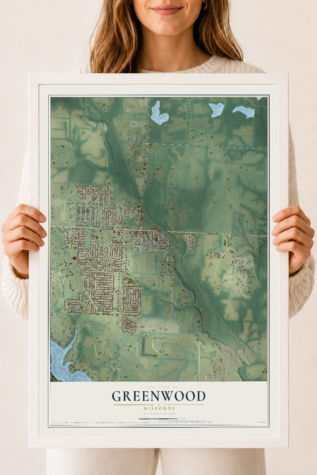 Map of Greenwood, Missouri, 18 x 24 inch print in a white wood frame