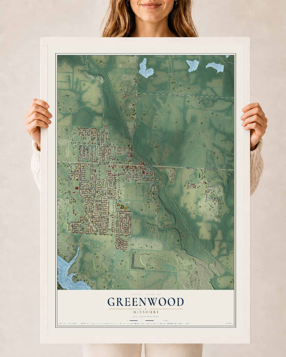 Map of Greenwood, Missouri, 24 x 36 inch print in a white wood frame