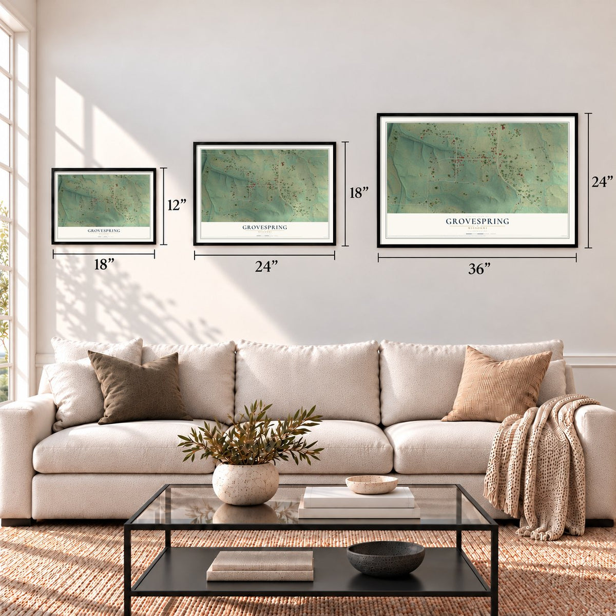 Grovespring, Missouri map in 12 x 18, 18 x 24 and 24 x 36 inch sizes above a sofa