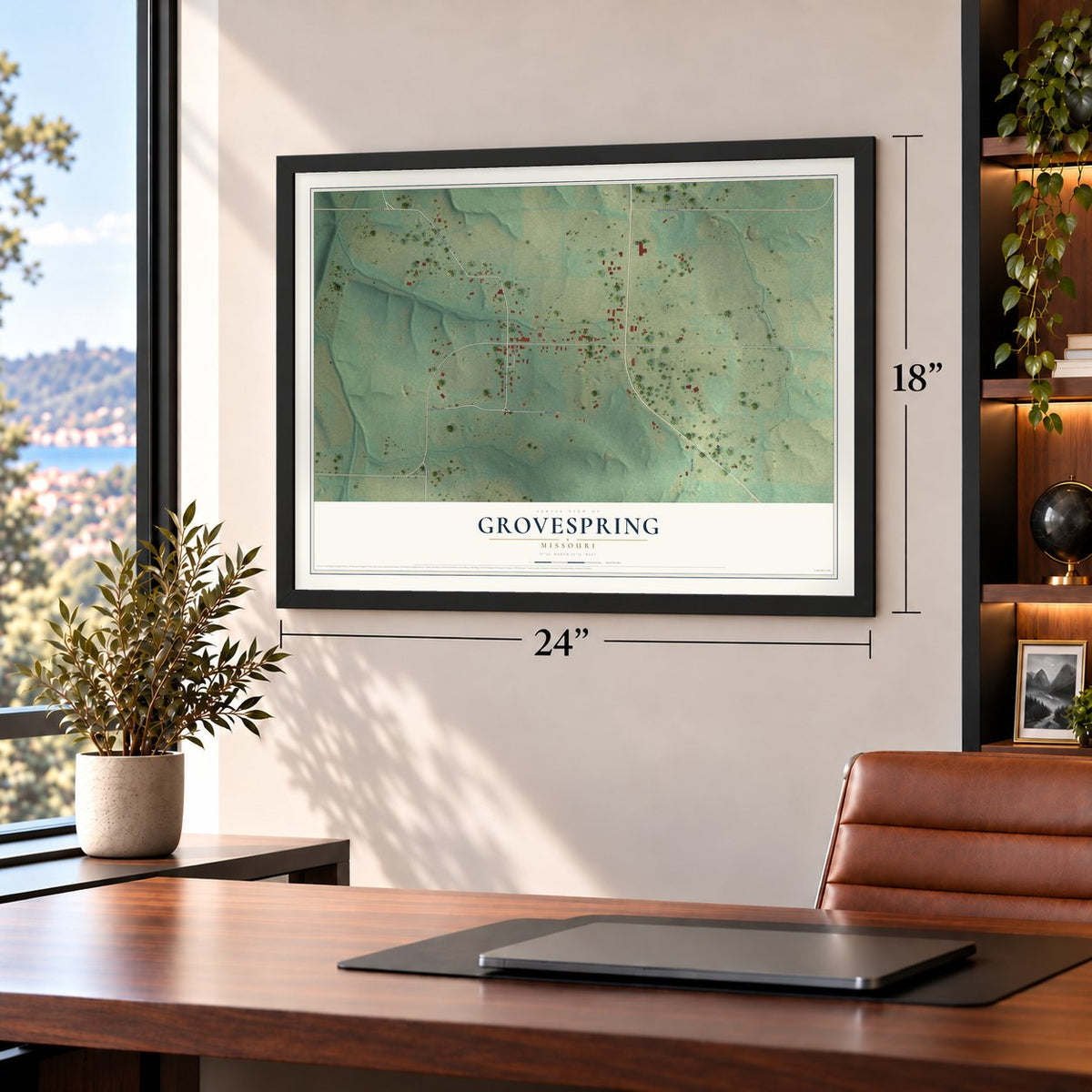 Grovespring, Missouri map, 18 x 24 inch print in a black frame in a home office