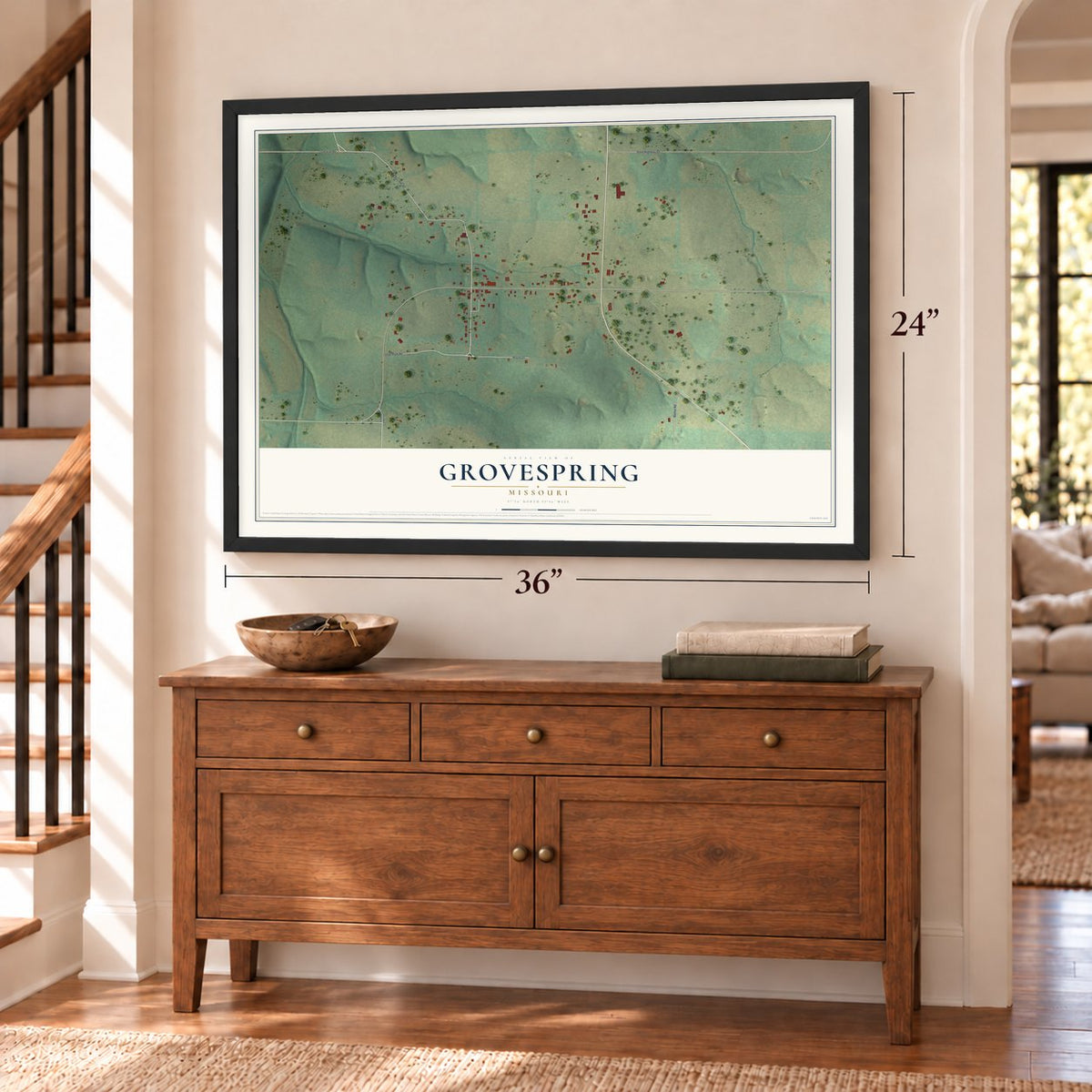 Grovespring, Missouri map, 24 x 36 inch print in a black frame above a dresser by a staircase