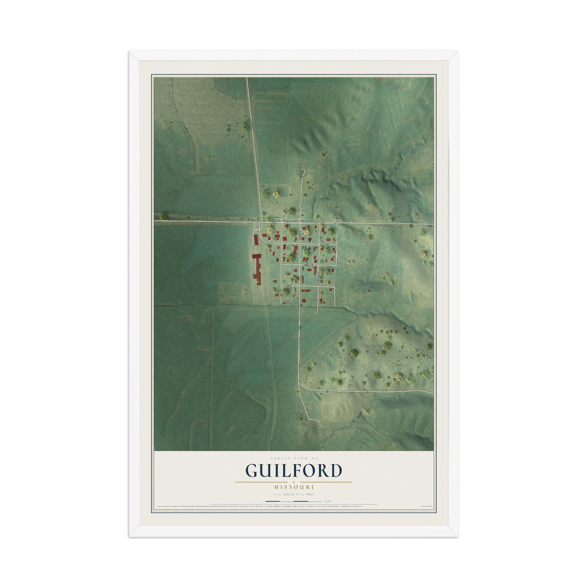 Map of Guilford, Missouri, 12 x 18 inch print in a white wood frame