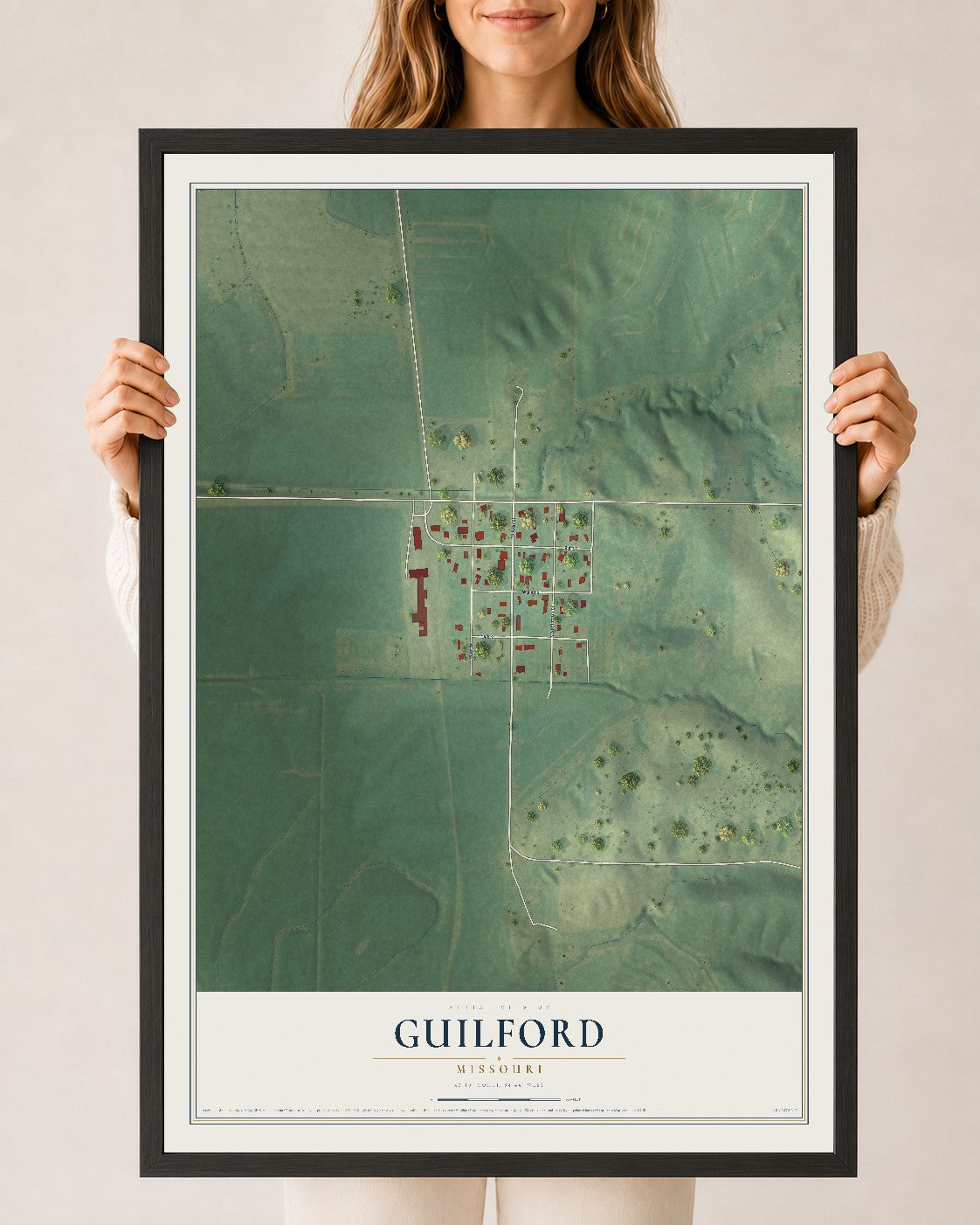 Map of Guilford, Missouri, 24 x 36 inch print in a black wood frame