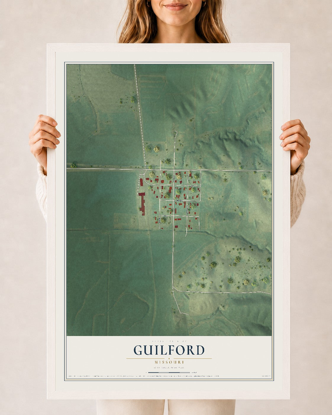 Map of Guilford, Missouri, 24 x 36 inch print in a white wood frame