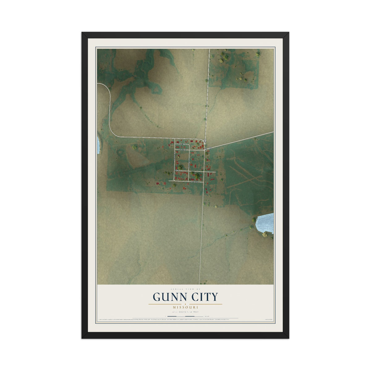 Map of Gunn City, Missouri, 12 x 18 inch print in a black wood frame
