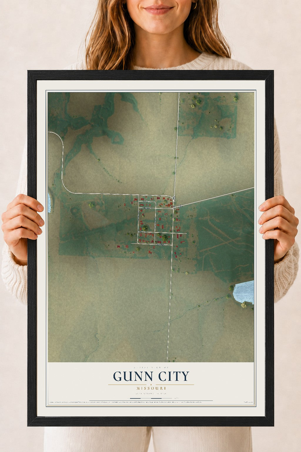 Map of Gunn City, Missouri, 18 x 24 inch print in a black wood frame