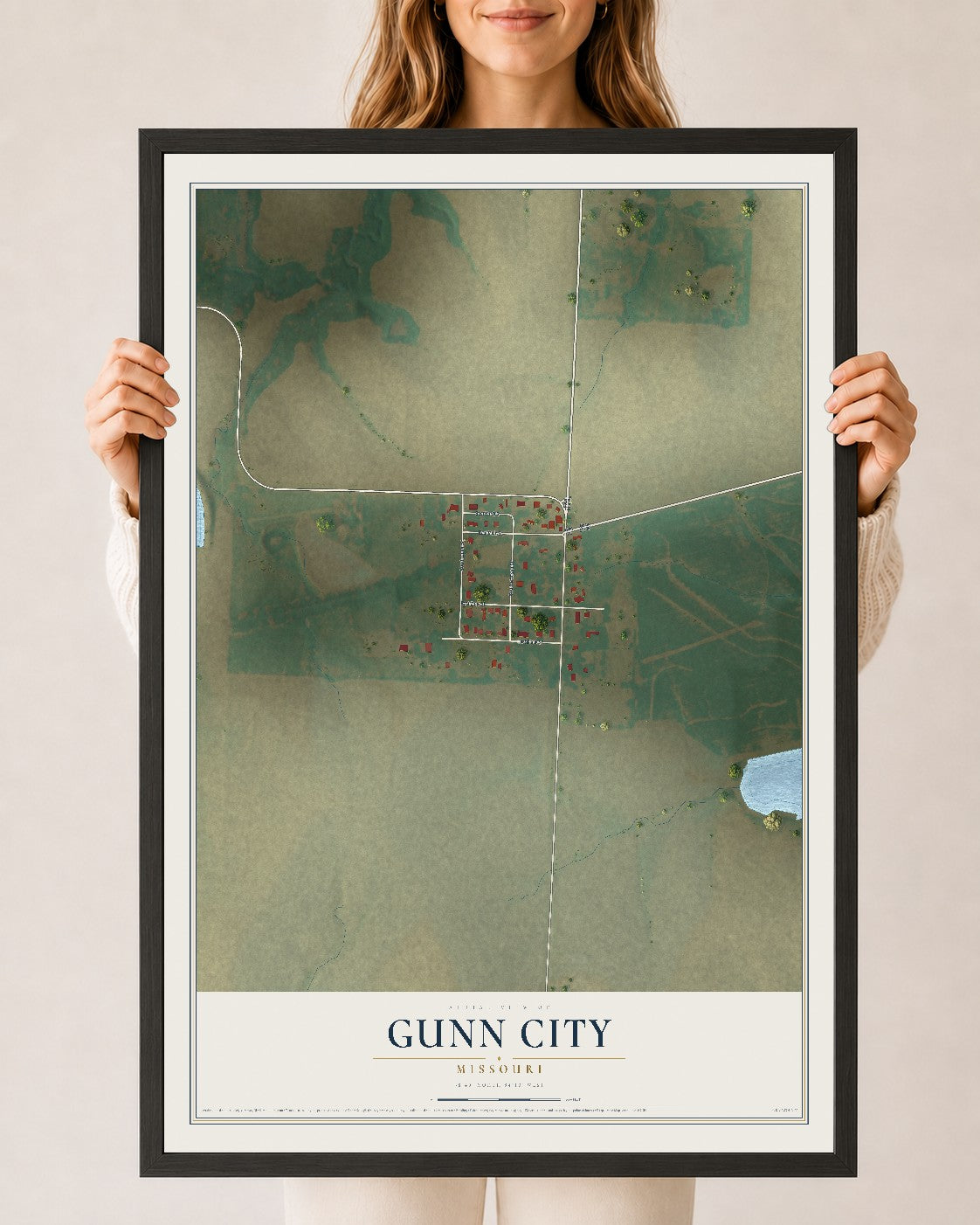 Map of Gunn City, Missouri, 24 x 36 inch print in a black wood frame